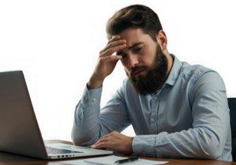 Stressed man working on laptop at desk isolated on transparent background