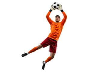 Soccer goalkeeper catching ball isolated on transparent background