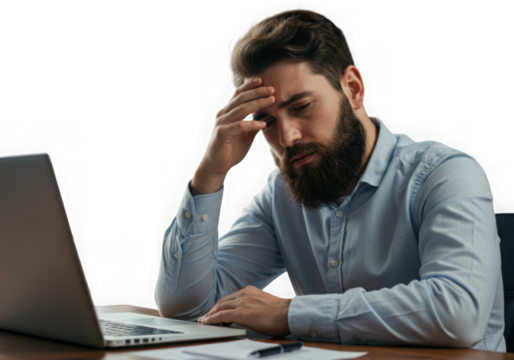 Stressed man working on laptop at desk isolated on transparent background
