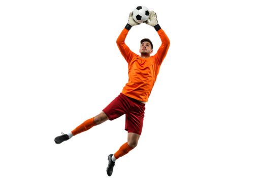 Soccer goalkeeper catching ball isolated on transparent background