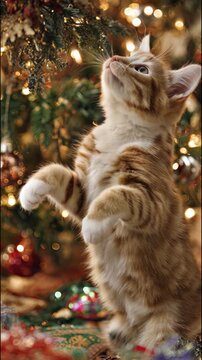 A ginger tabby kitten plays with a decorated Christmas tree branch. A vertical video background for a New Year's or Christmas greeting card.