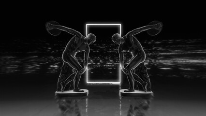An abstract black and white style looping background with dark roman statues over a static glitch effect with glowing neon shape.