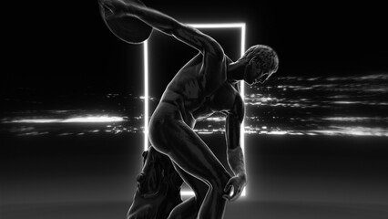 An abstract black and white style looping background with a dark roman statue over a static glitch effect with glowing neon shape.