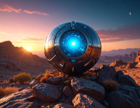 Futuristic Sphere in Desert Sunset Landscape