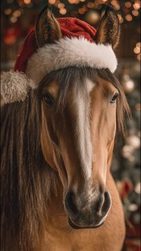 A portrait of a horse wearing a Santa Claus hat. A vertical video background for a greeting card featuring a Chinese New Year symbol.