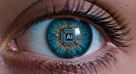 AI eye chip close-up photo, artificial intelligence chip implanted into human eye symbolizing future technology and bionic vision