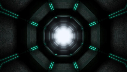 A strange alien like subterranean dark tunnel with glowing neon light.