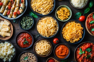 Assorted pasta, sauces, and cheese in small bowls on a dark wooden table