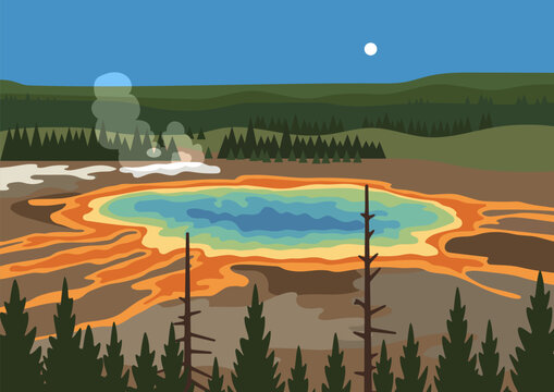 Yellowstone grand prismatic spring with steaming geyser In the evening. Geothermal spring, underground waters coming to surface. National park landscape. Travel inspiration.