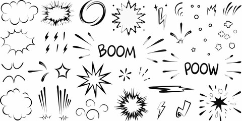 Comic Book Style Sound Effects And Explosions On White Background boom © Satyajit