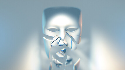 A theatrical style white mask dramatically lit with light sand shadow fragmenting in to pieces.