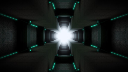 A strange alien like subterranean dark tunnel with glowing neon light.