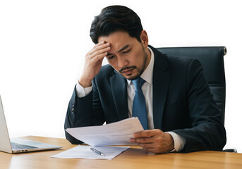 Frustrated businessman is reviewing documents isolated on transparent background