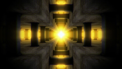 A strange alien like subterranean dark tunnel with glowing neon light.