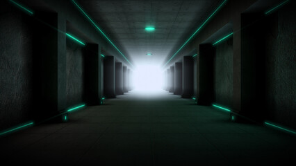 A dark underground secret tunnel with glowing light.