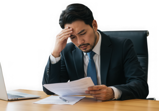 Frustrated businessman is reviewing documents isolated on transparent background