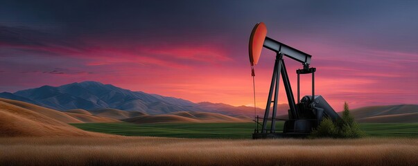 Naklejka premium Sunset scene highlighting oil pump silhouettes in field concept. An oil pump jack silhouetted against a colorful sunset landscape.