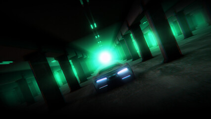 An endless background of a dark moodily lit underground carpark.