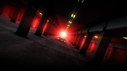 An endless background of a dark moodily lit underground carpark.