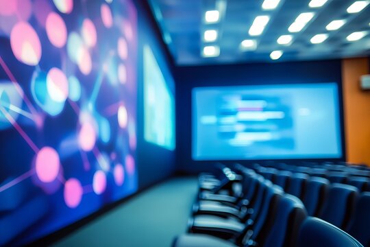 Blurry view of a conference room with a large screen and rows of chairs