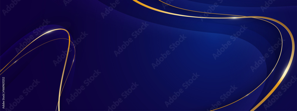 Poster blue luxury award background with elegant golden flowing curves and deep navy gradient for premium p