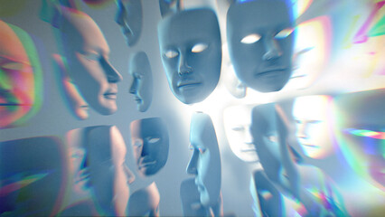 Lots of spinning white theatre masks with dramatic light and shadow.