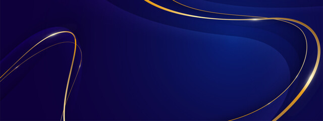 Blue luxury award background with elegant golden flowing curves and deep navy gradient for premium presentation design. Corporate or certificate template with metallic wave and smooth pattern.