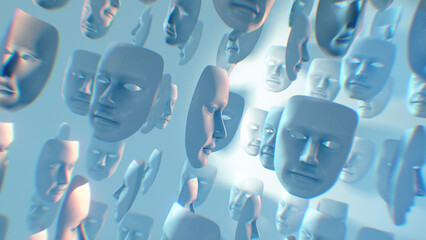 Lots of spinning white theatre masks with dramatic light and shadow.