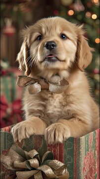 A golden retriever puppy with a gold bow jumps out of a gift box against a decorated Christmas tree. A vertical background for a card or greeting for New Year and Christmas.