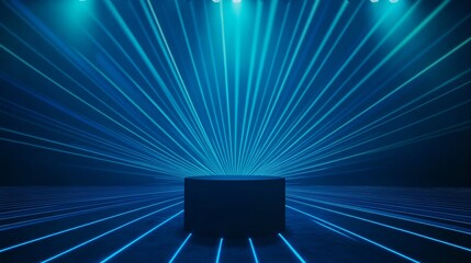 Blue sappire light rays background with glowing blue lines on a dark blue background for a presentation or award ceremony. there is a podium in the center of the image, high resolution