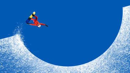 Snowboarder upside down trick in colorful collage with snow curve. Concept of freestyle sport, adventure, youth culture, creativity, extreme lifestyle branding and winter energy.