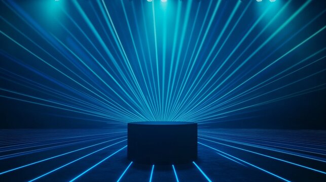Blue sappire light rays background with glowing blue lines on a dark blue background for a presentation or award ceremony. there is a podium in the center of the image, high resolution