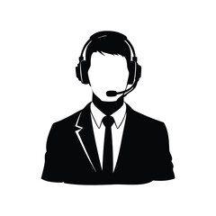Icon depicting customer service representative wearing headset and suit in black silhouette, employee with headset illustration silhouette
