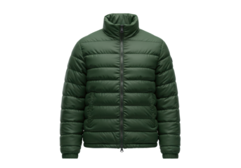 Isolated green puffer jacket outerwear, stylish clothing for men with high collar