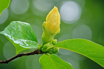 Close-up of a pale yellow flower bud on a branch with green leaves