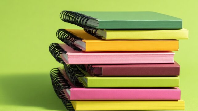 Stack of colorful spiral notebooks on a green background