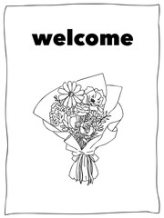 手書き線画花束のシンプルなポストカードデザイン・ウェルカム・白黒