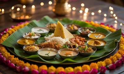 Savor vibrant Indian thali feast arranged beautifully on banana leaf with festive lights creating warm ambiance