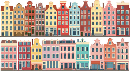 Fototapeta premium Colorful traditional Dutch houses, Amsterdam architecture, European cityscape illustration, classic canal buildings, gabled facades, urban travel concept, vector art