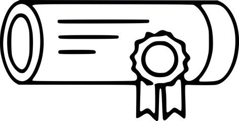Black and white line art illustration of a rolled diploma or certificate with a seal and ribbon.