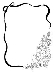 シンプルなリボンとすみれの白黒フレーム・モノクロ・お洒落