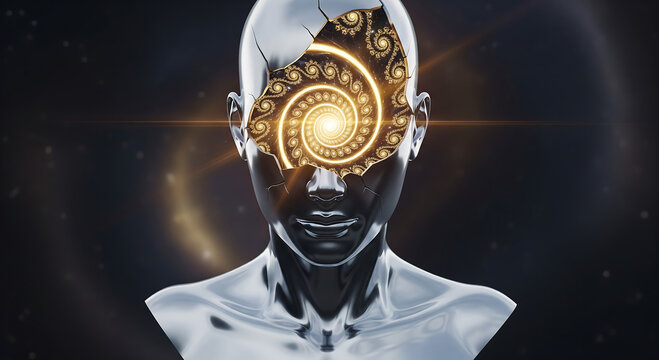 Futuristic metallic human bust with a glowing golden spiral in its head, representing consciousness and the universe