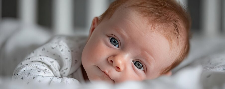 Infant baby boy with acute bacterial conjunctivitis concept. Adorable baby with bright eyes lying on a soft surface.