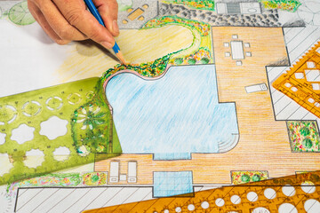 Garden design courses student is learning garden plan design by hand drawing. © toa555