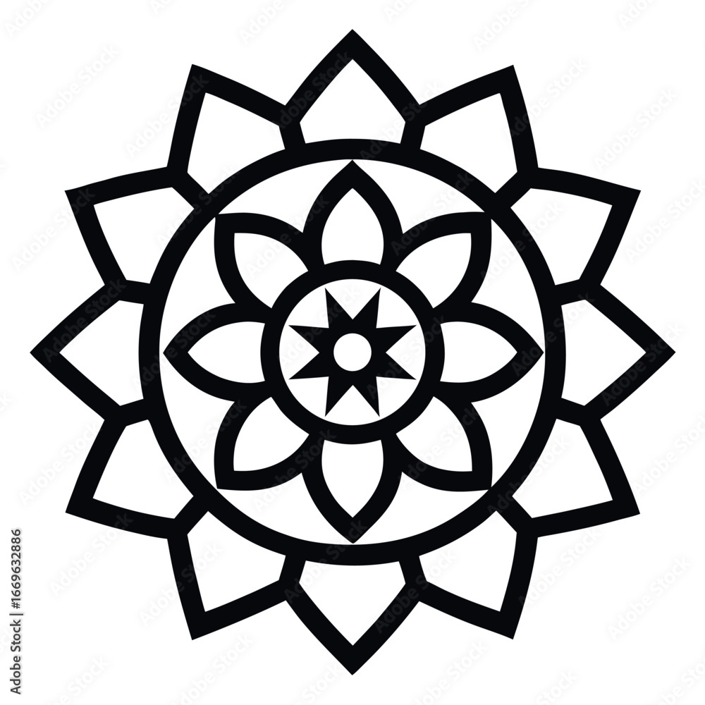 Poster abstract round mandala motif icon design with an atomic flower pattern for science and technology il