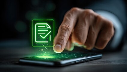 A hand touches a glowing document icon on a phone