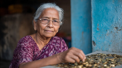 Poor widow donating her last coins at the temple treasury box