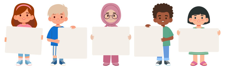 Set of five diverse children holding blank boards. Multicultural kids showing empty signs for text or design. Isolated on white background