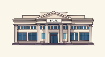 Fototapeta premium Illustration of a classical bank building with columns, windows, and a sign.