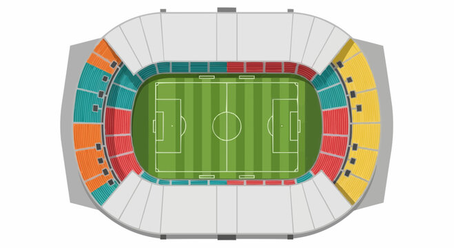 Top-down view of a modern football stadium with colorful seating sections and a green pitch.